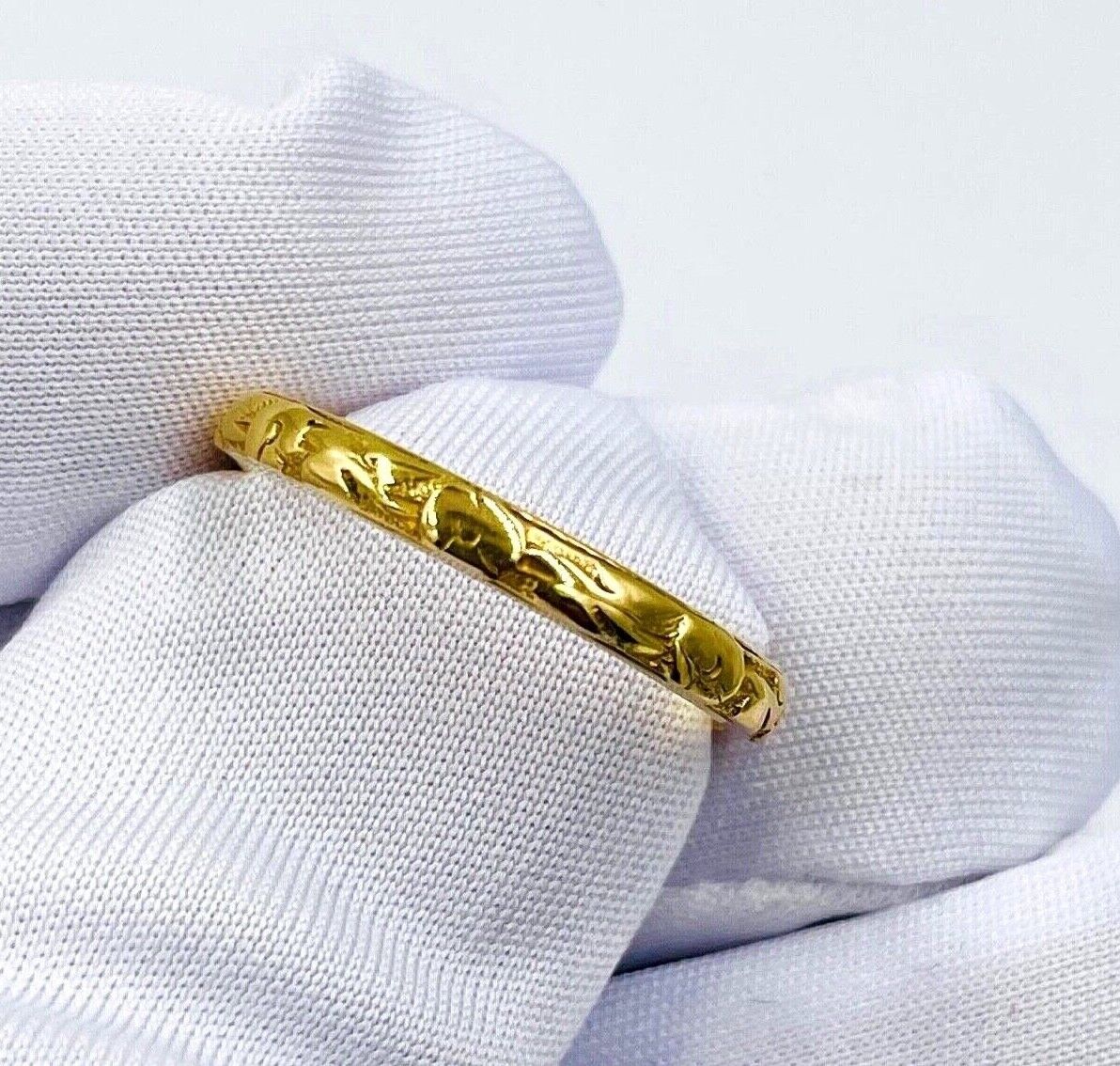 Antique Bowden 18K yellow Gold Art Nouveau Band Ring 7sz flower 2.5mm band