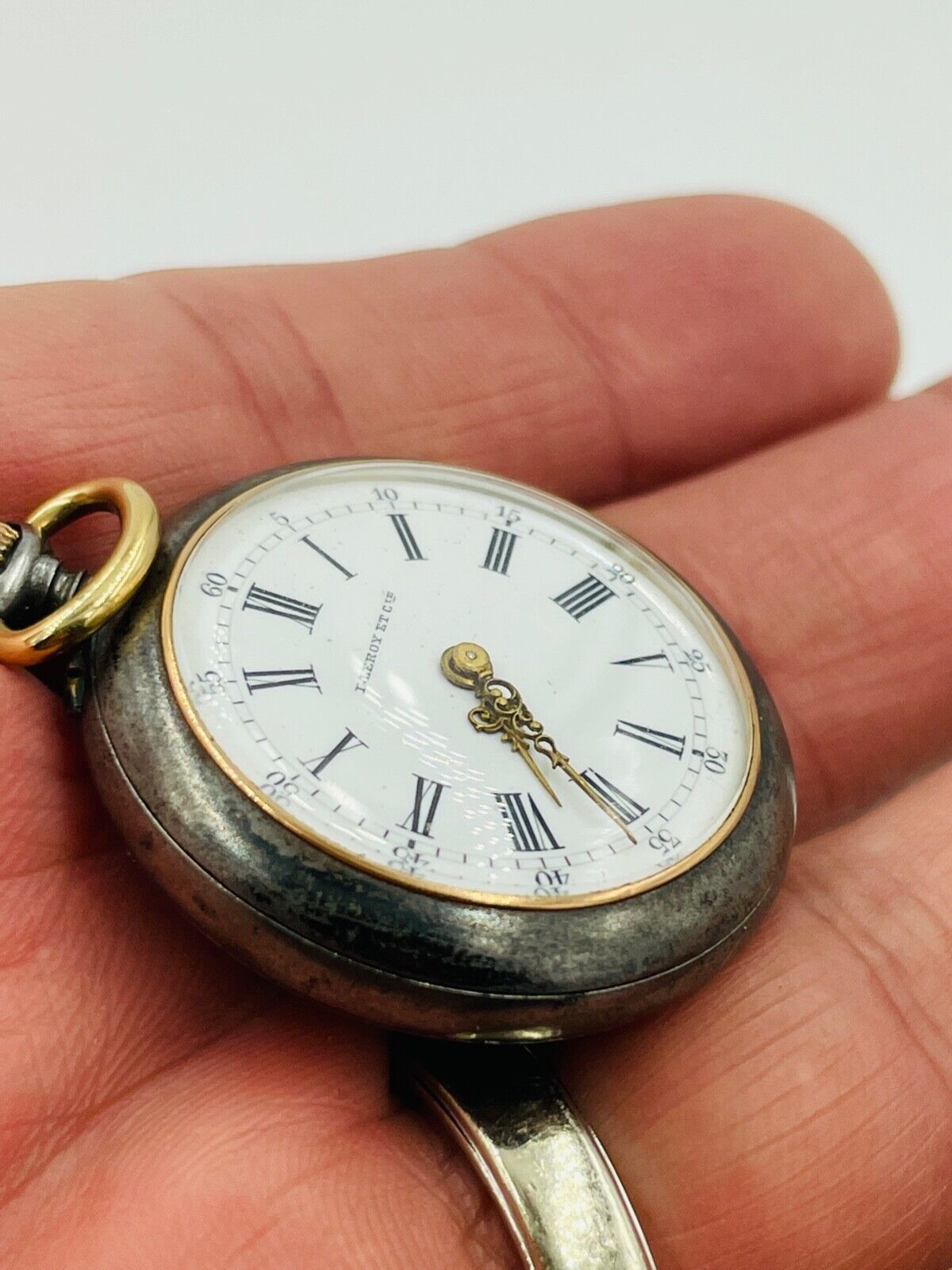 Antique Leroy & Cie Paris Mechanical Pocket Watch Gun Metal with Diamonds