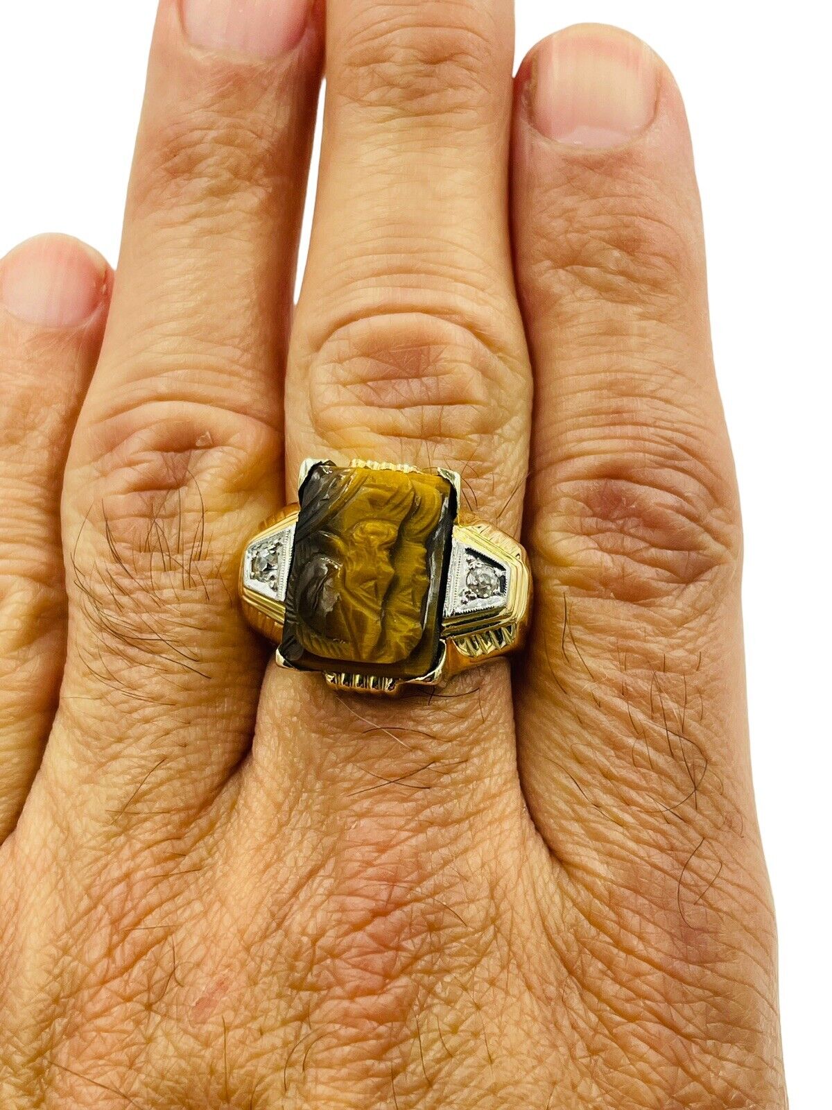 Vintage 18k Yellow Gold Tigers Eye Men's Ring Roman soldier