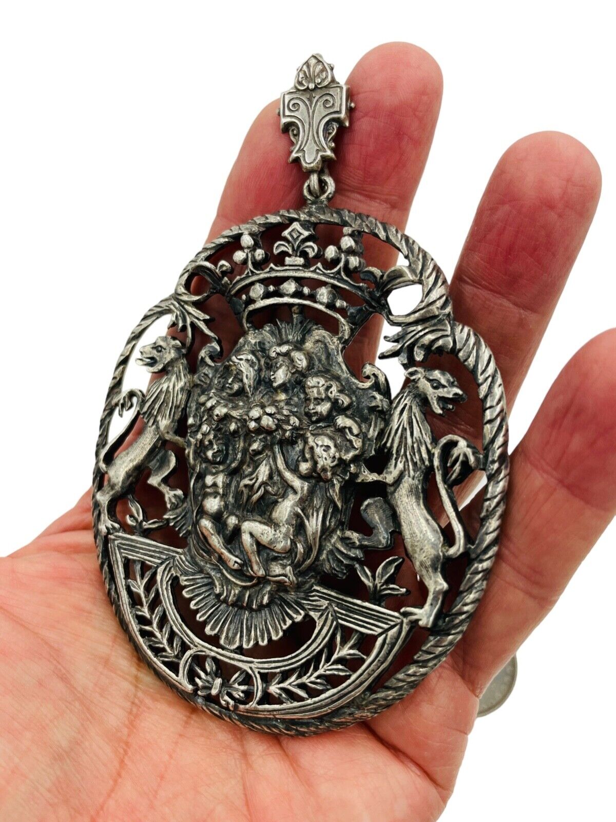 Art Nouveau Sterling Silver Cherub Crest Pendant Necklace