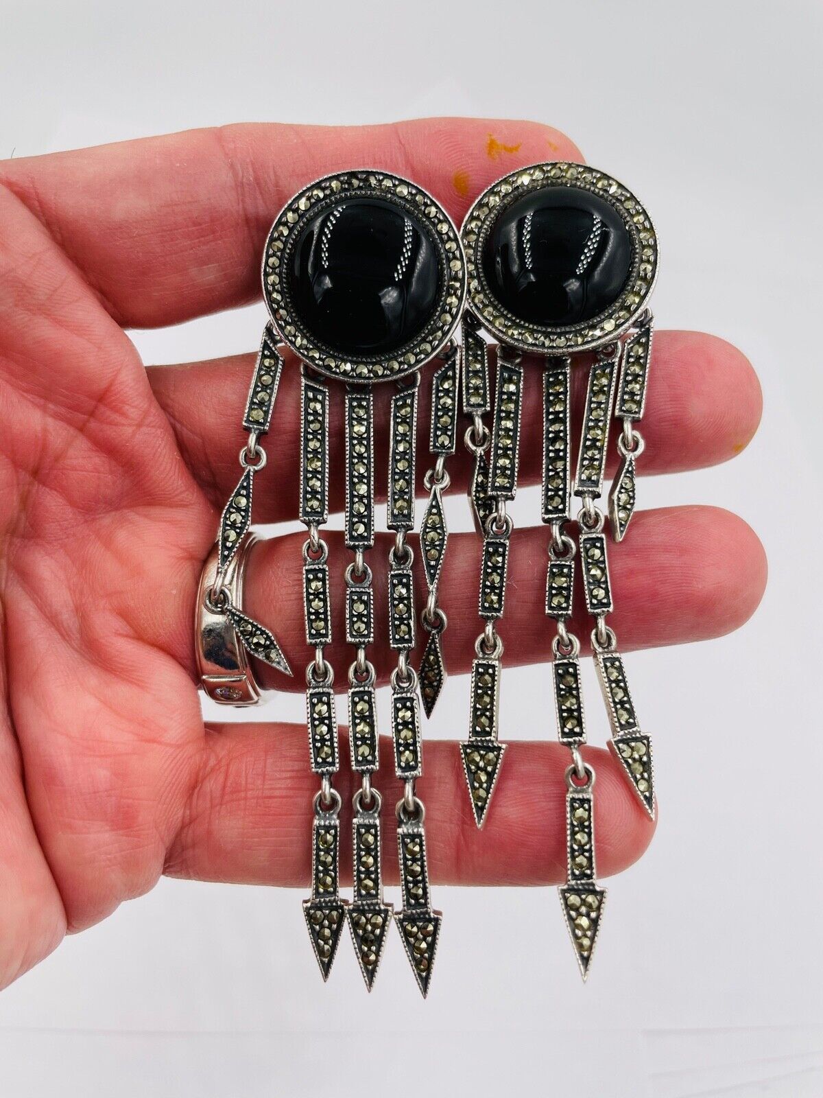 Judith Jack Sterling Silver marcasite onyx dangle earrings 3 1/2"