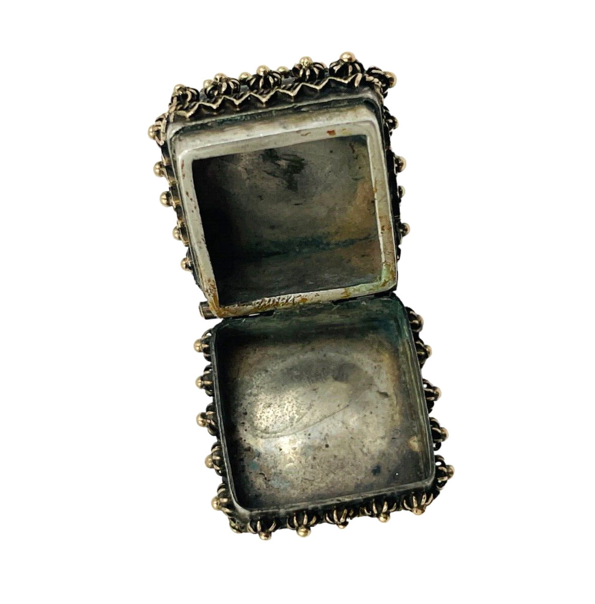Vintage 800 Silver and Gold Etruscan Poison Box Locket Fob Charm Jeweled