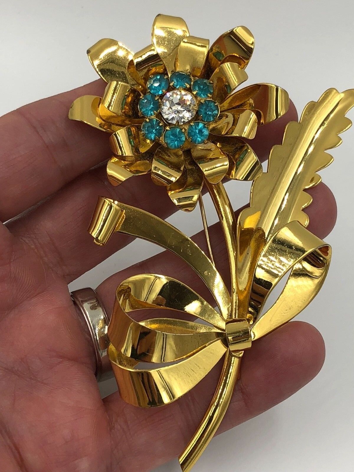 Vintage Mid-Century Sterling Silver Gold Vermeil Rhinestone Flower Brooch pin