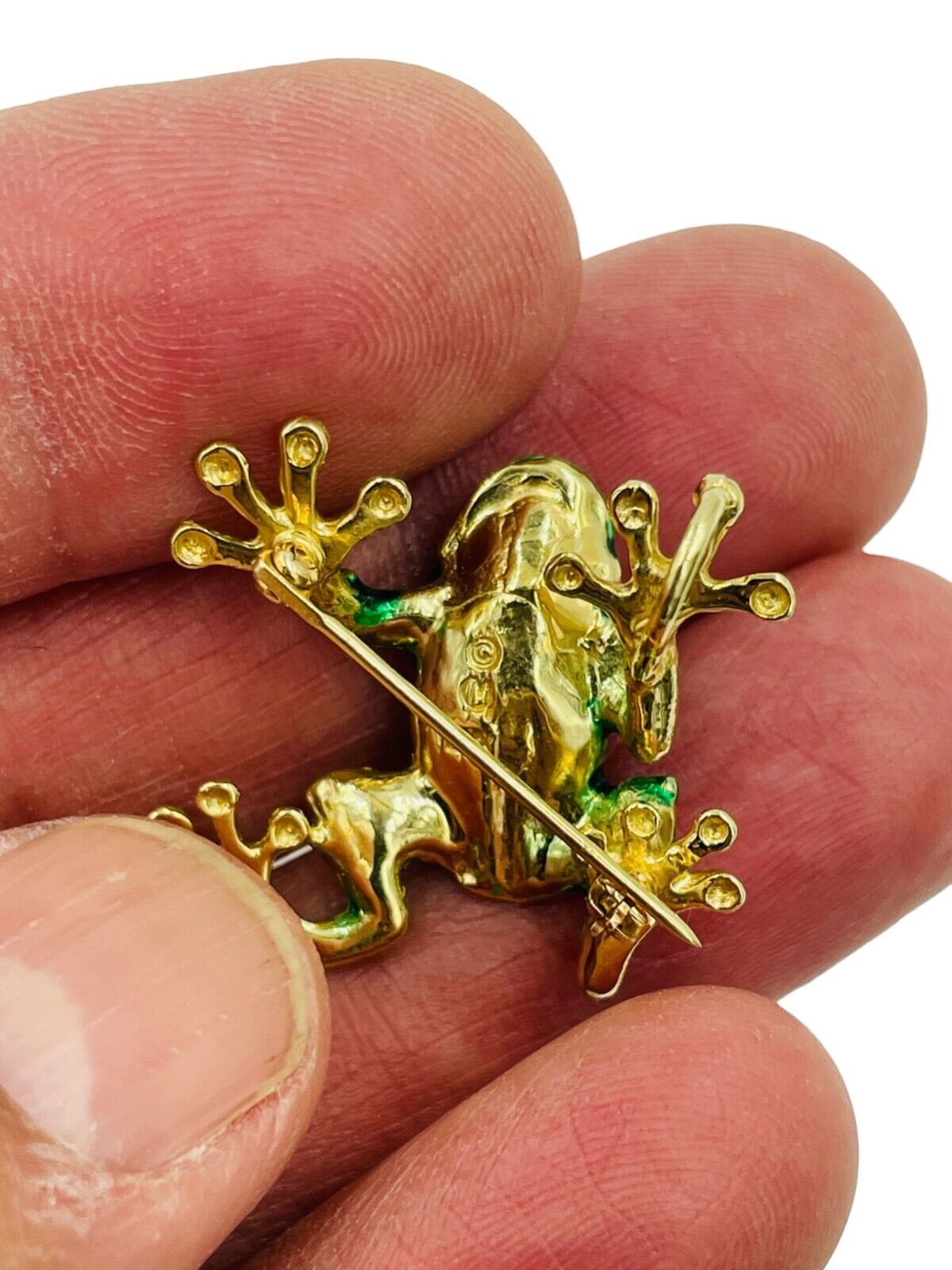 Vintage Green Frog Brooch Pin Pendant 14K Yellow Gold Enamel