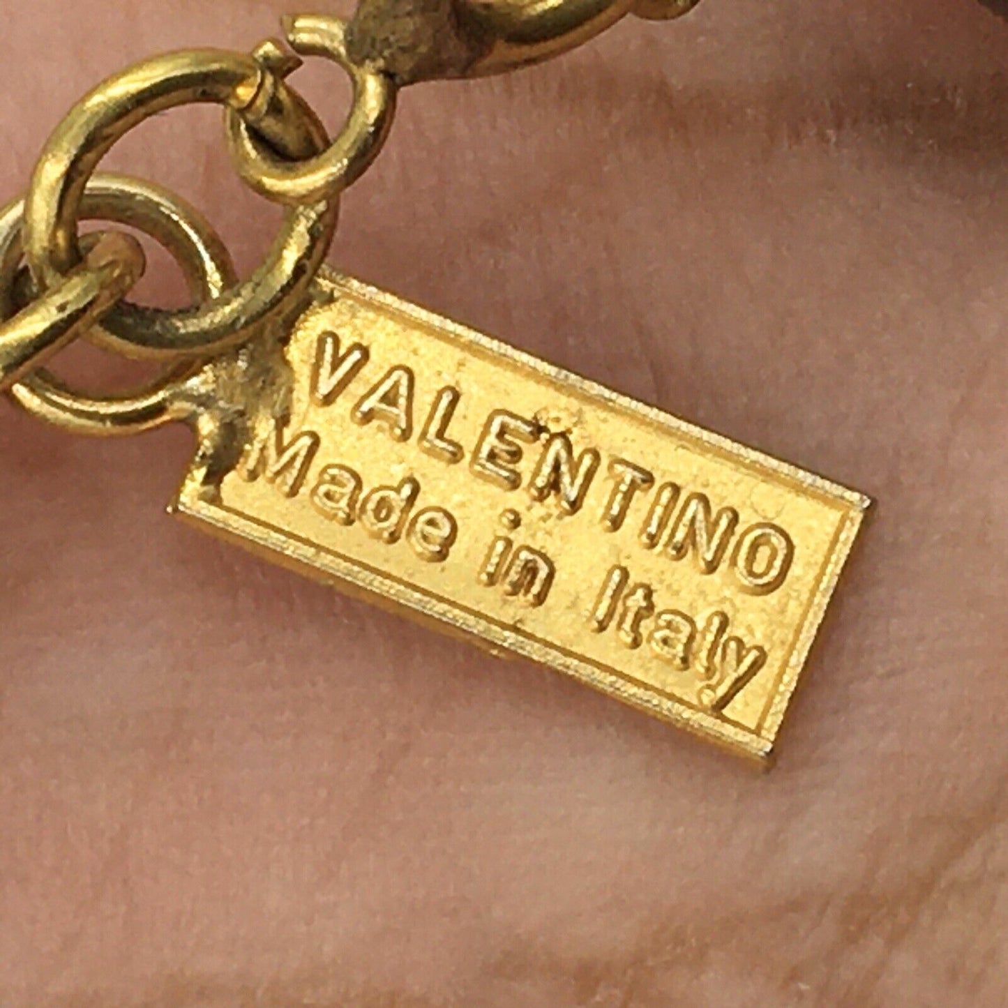 Vintage Valentino Faux Wood Cheetah Blue Bead FreeForm Gold Tone Necklace Italy