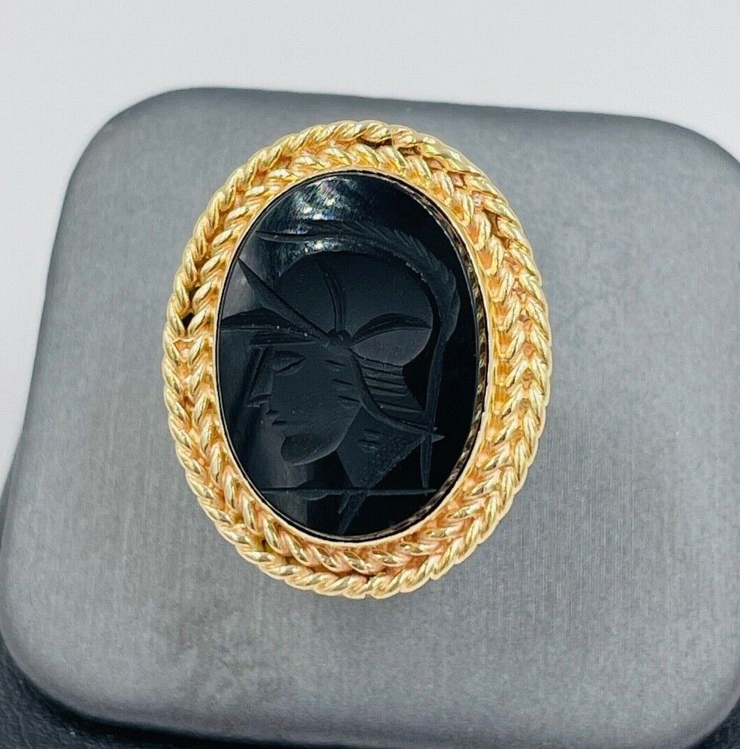 14k Gold Intaglio Ring Roman Soldier Black Onyx Sz 4.5 Vintage