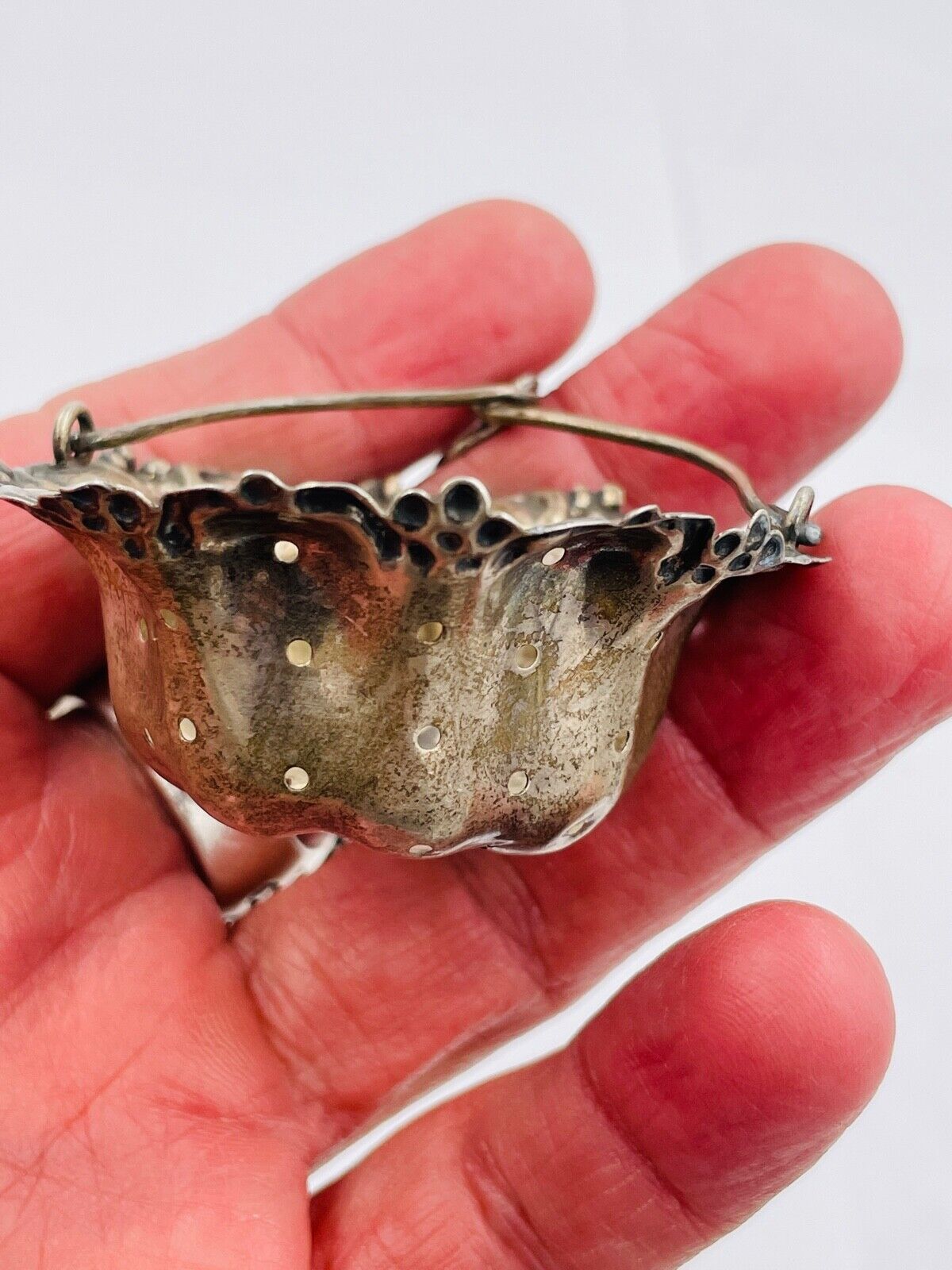 Ornate Tea Strainer Basket Spout Insert Repousse Sterling Silver Blackinton 1900