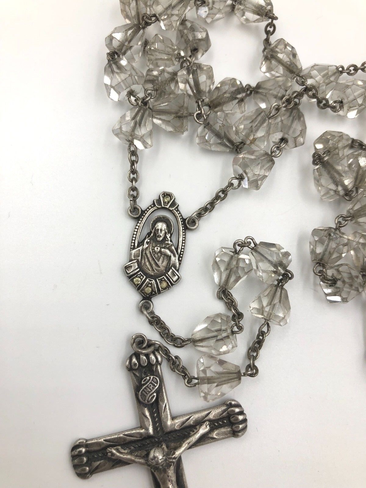 Antique Sterling Silver Religious Catholic Faceted Crystal Glass Bead Rosary