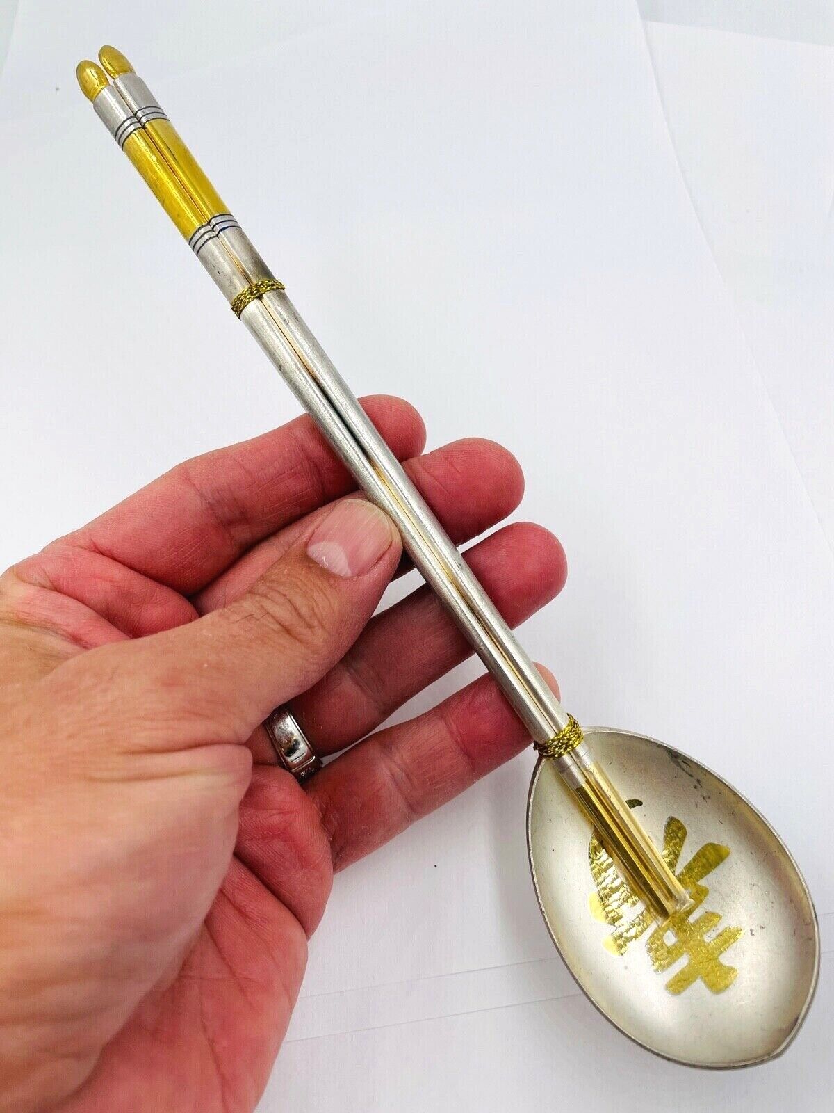 NOS Pure Silver .999 Chop Sticks and spoon set gold plated Korean
