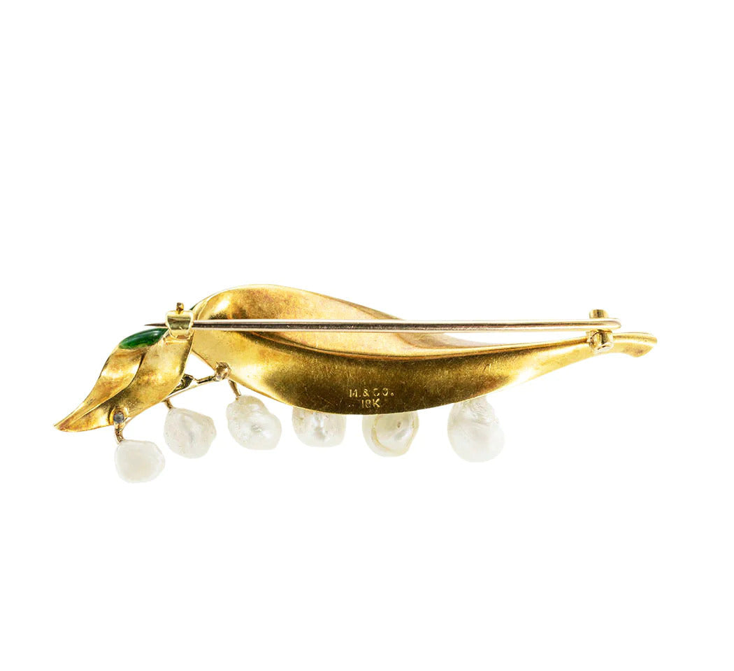 Marcus & Co Lily of The Valley Enamel Gold Pearl Brooch