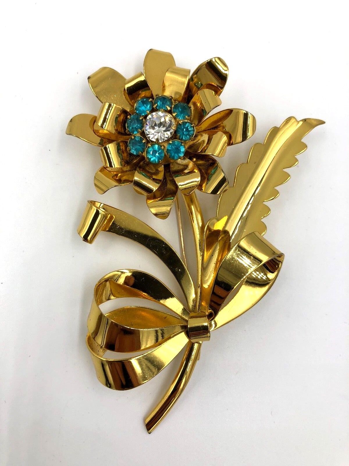 Vintage Mid-Century Sterling Silver Gold Vermeil Rhinestone Flower Brooch  pin