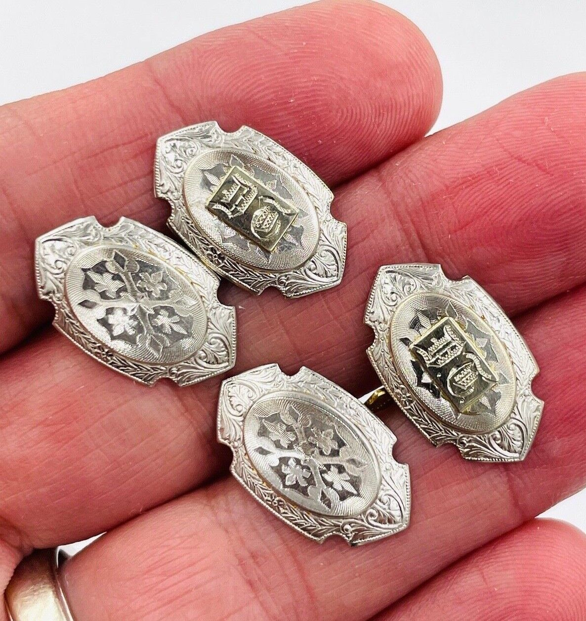 Edwardian Platinum on 14k Yellow Gold Cufflinks hand etched