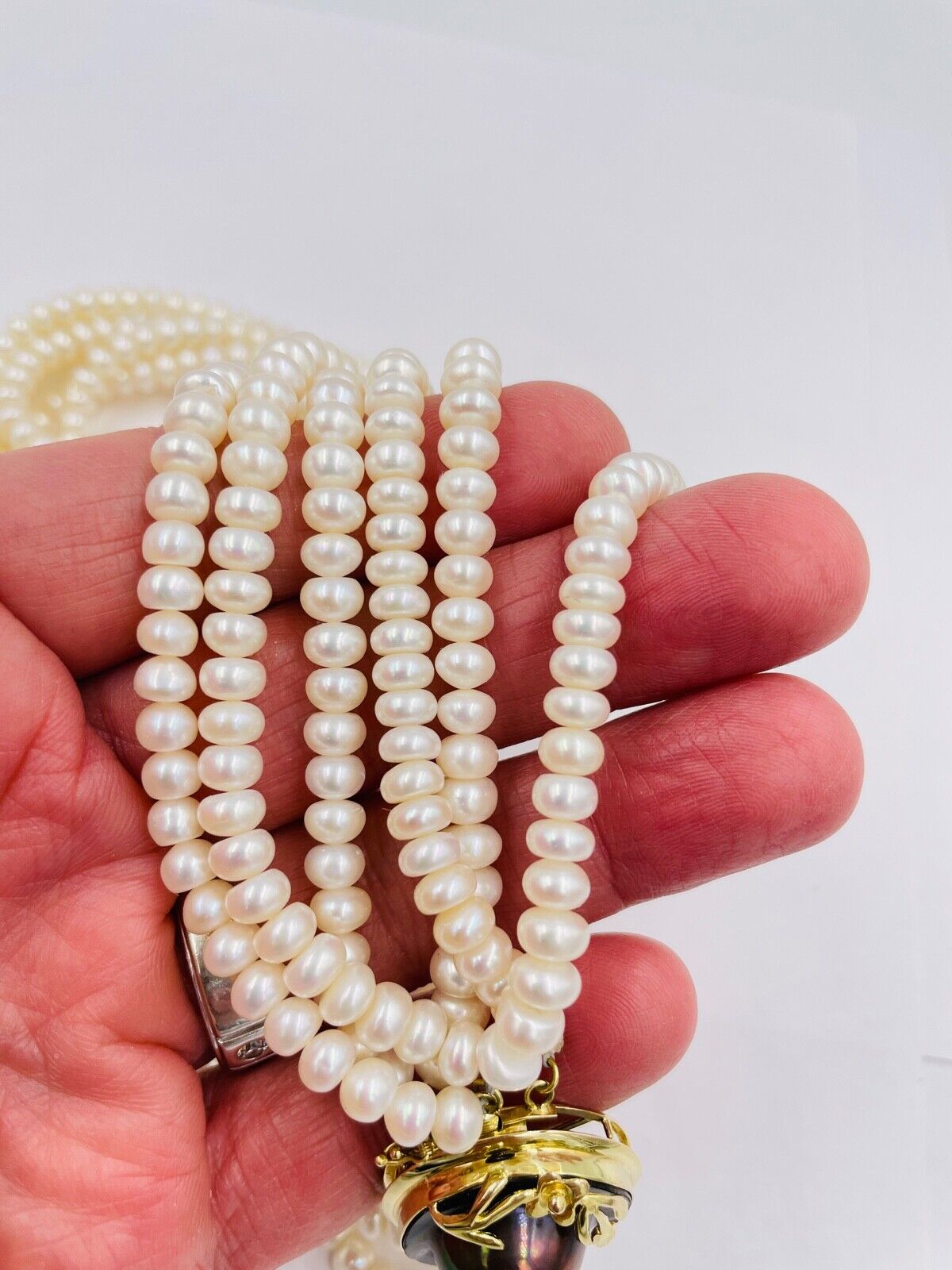 14k gold Multi Strand Pearl Choker Necklace large blister pearl clasp 16"