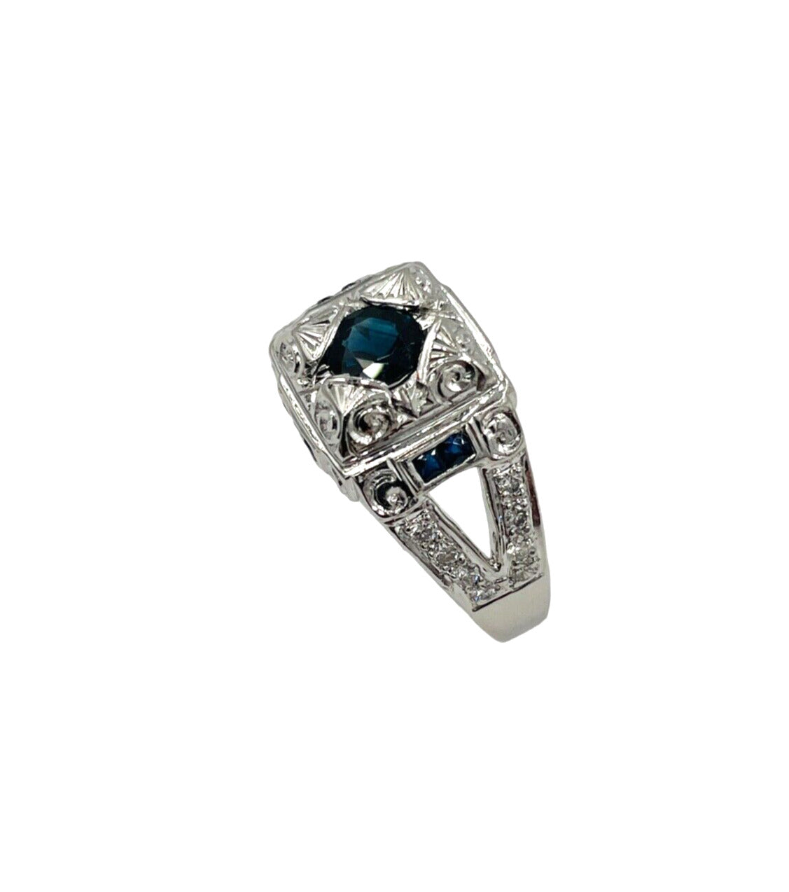 Vintage Platinum Sapphire Diamond Hand etches Ring