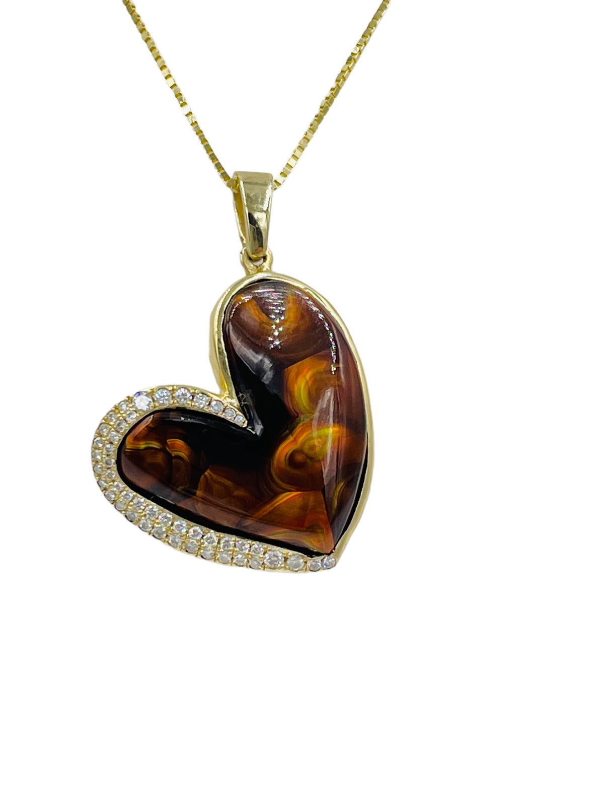 14k Pave Diamond Fire Agate Heart Pendant Necklace 18"