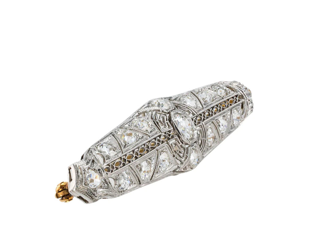 Edwardian Diamond Filigree Platinum Bar Brooch