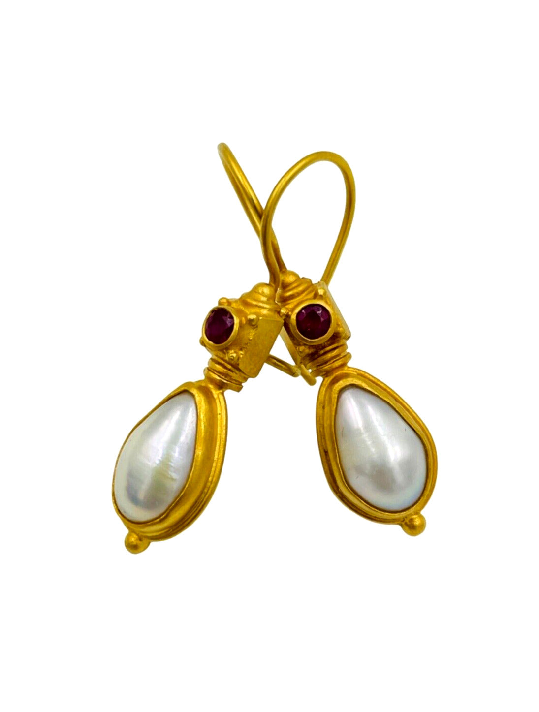 Greece 18k Yellow Gold Ruby and Pearl Etruscan Style Earrings