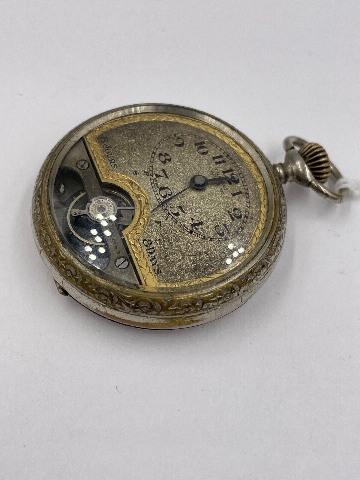 Solomax Chateau Cadillac 8 Day Pocket Watch Openscape Engraved case Rare
