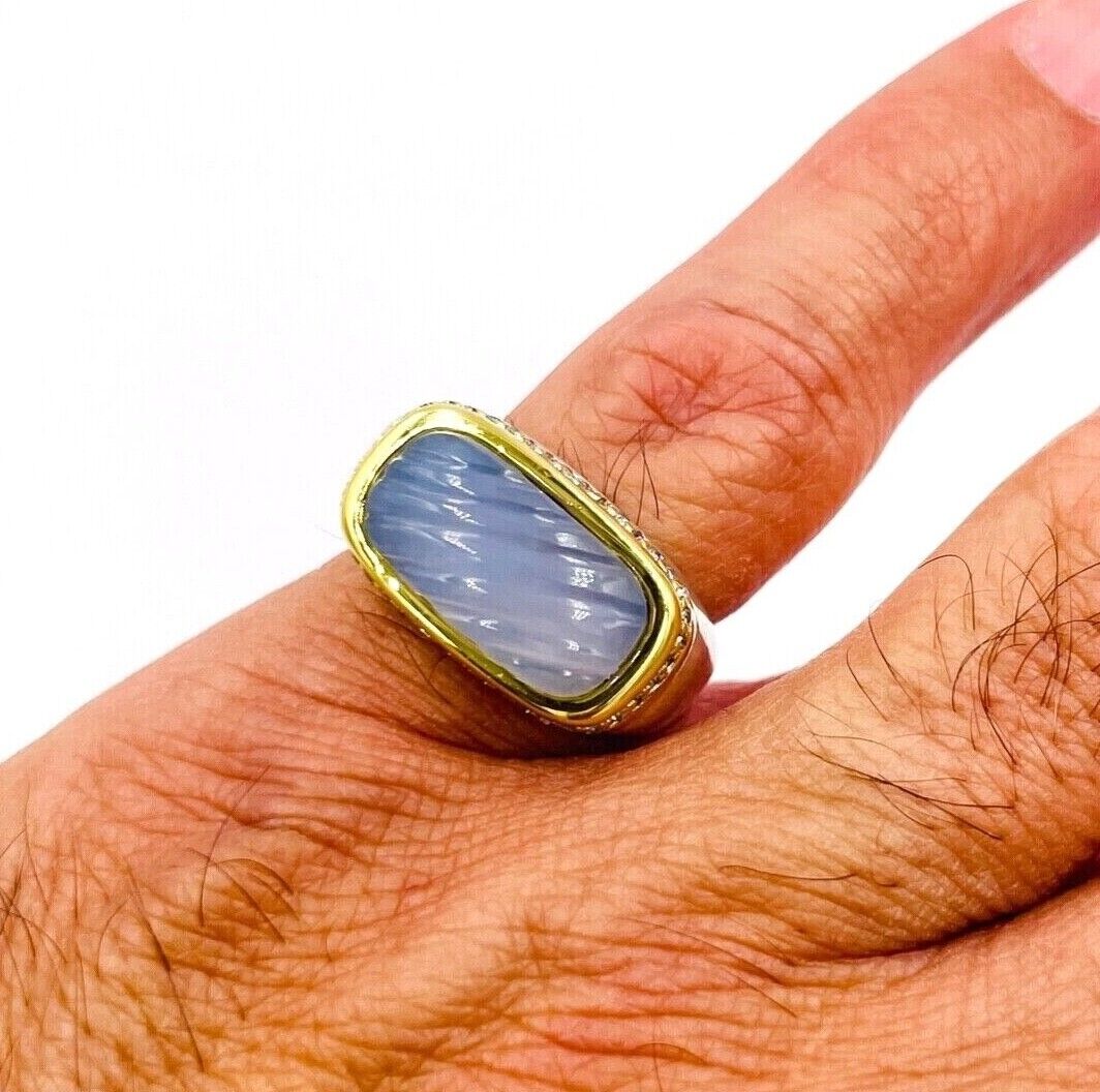 DAVID YURMAN 750 18k Gold 925 Sterling Silver Chervon Chalcedony Diamond Ring