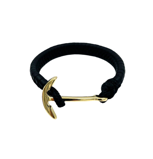 14k Yellow Gold Anchor Bracelet On A Leather Strap 8"