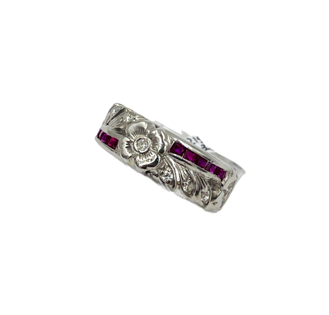 Estate 14K White Gold Diamond Ruby Eternity Band Ring 5.5sz