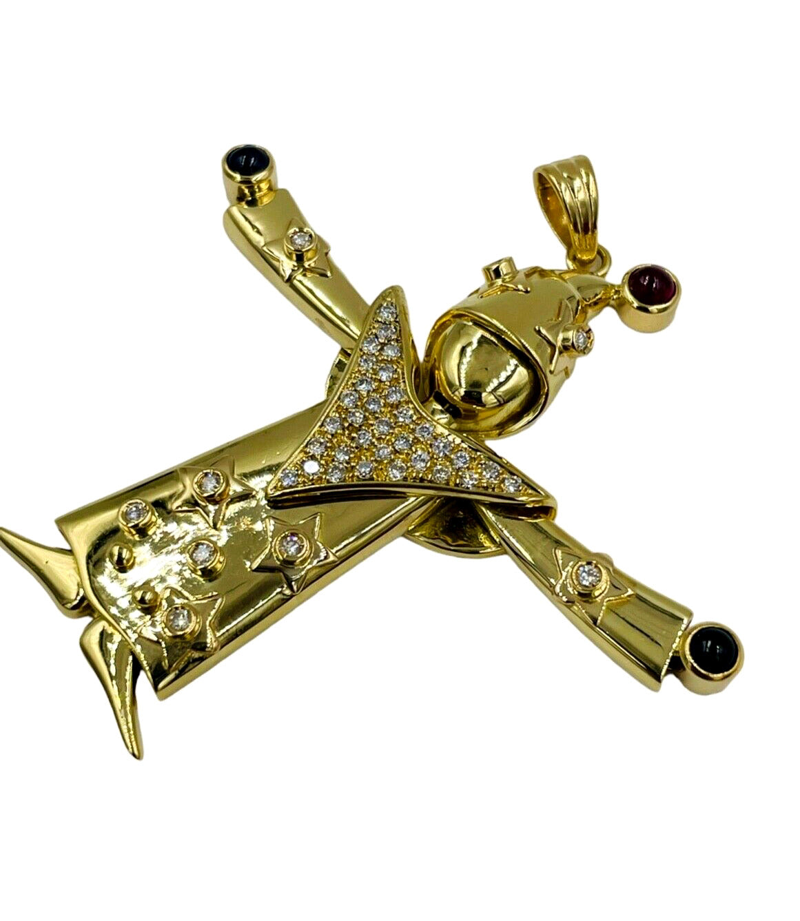 18K Yellow Gold Articulated Wizard with Diamonds and Ruby Pendant