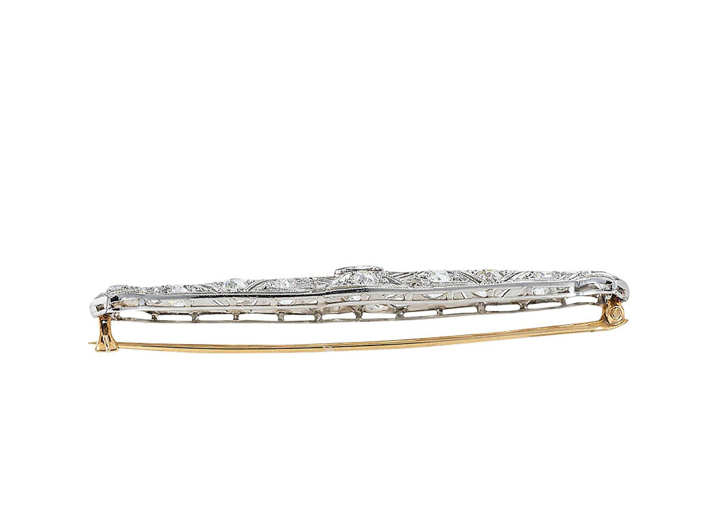 Edwardian Diamond Filigree Platinum Bar Brooch