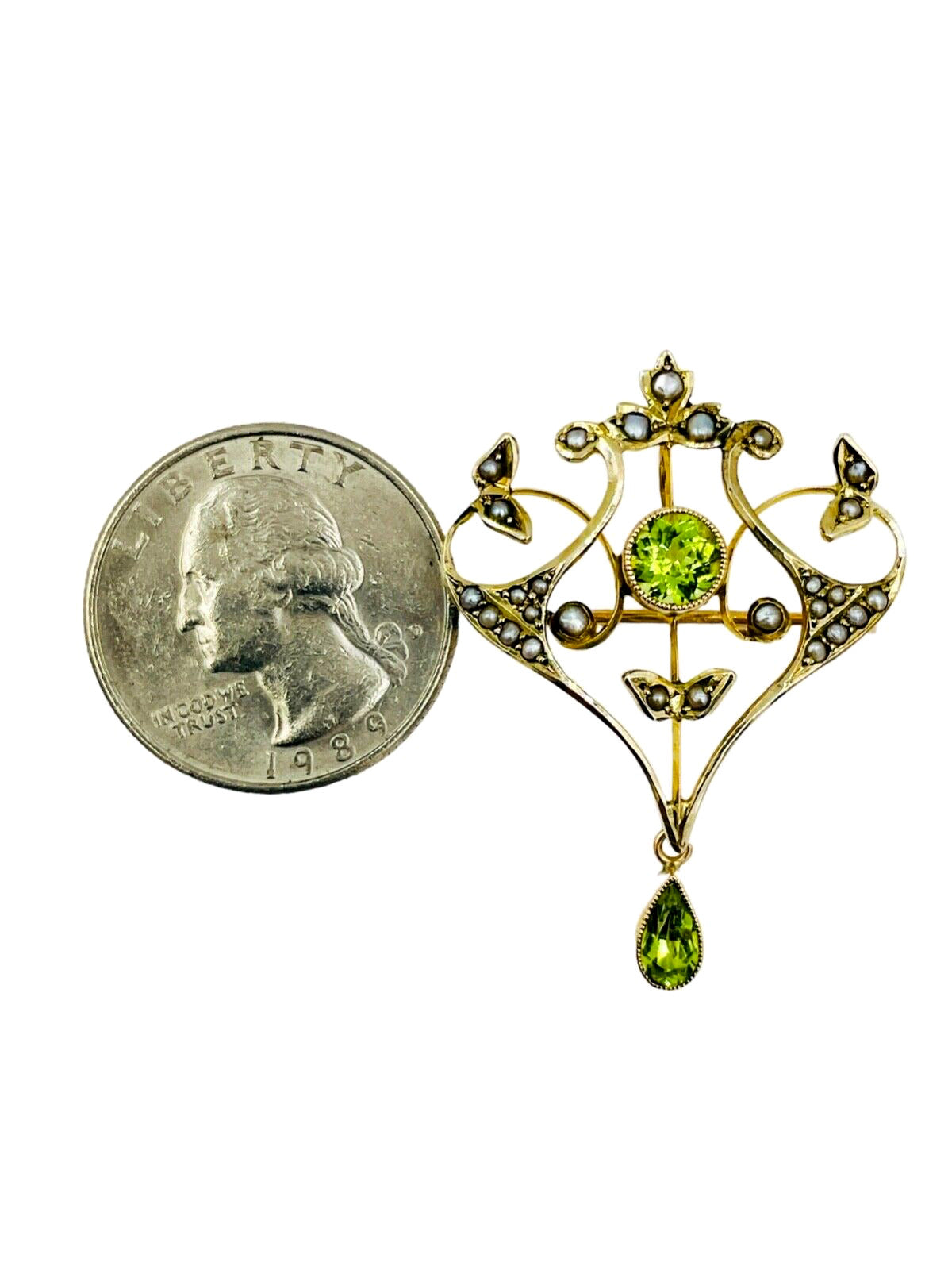 Antique Brooch Pin Pearls and Peridot 9ct Art Nouveau 9k