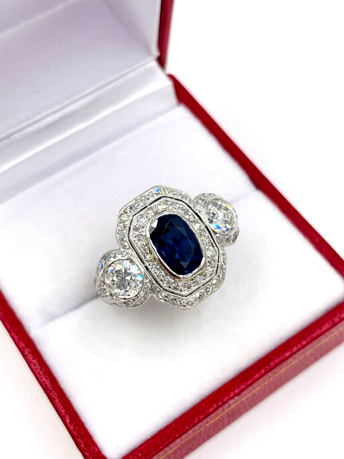 Edwardian Platinum Sapphire Diamond Engagement Ring GIA