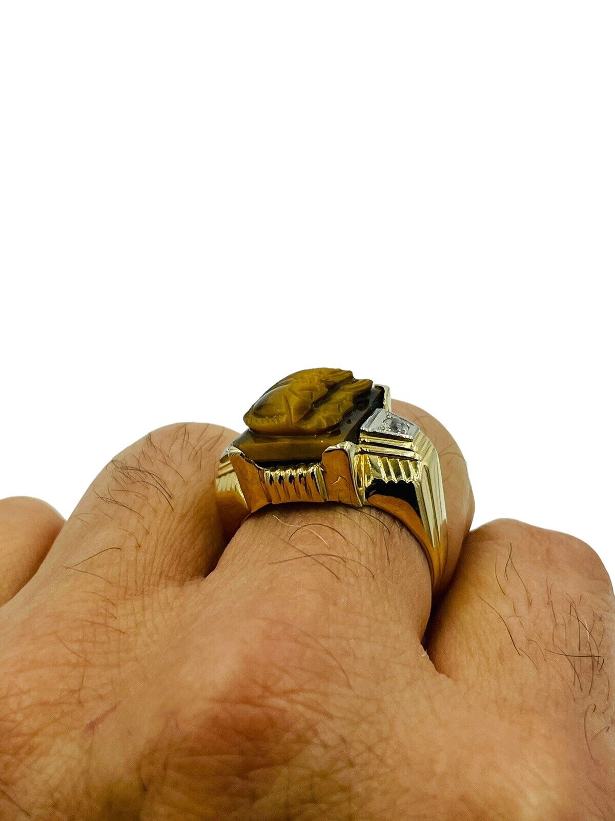 Vintage 18k Yellow Gold Tigers Eye Men's Ring Roman soldier