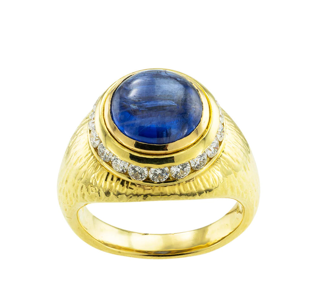 Hammerman Brothers Cabochon Sapphire Diamond Yellow Gold Ring 18K