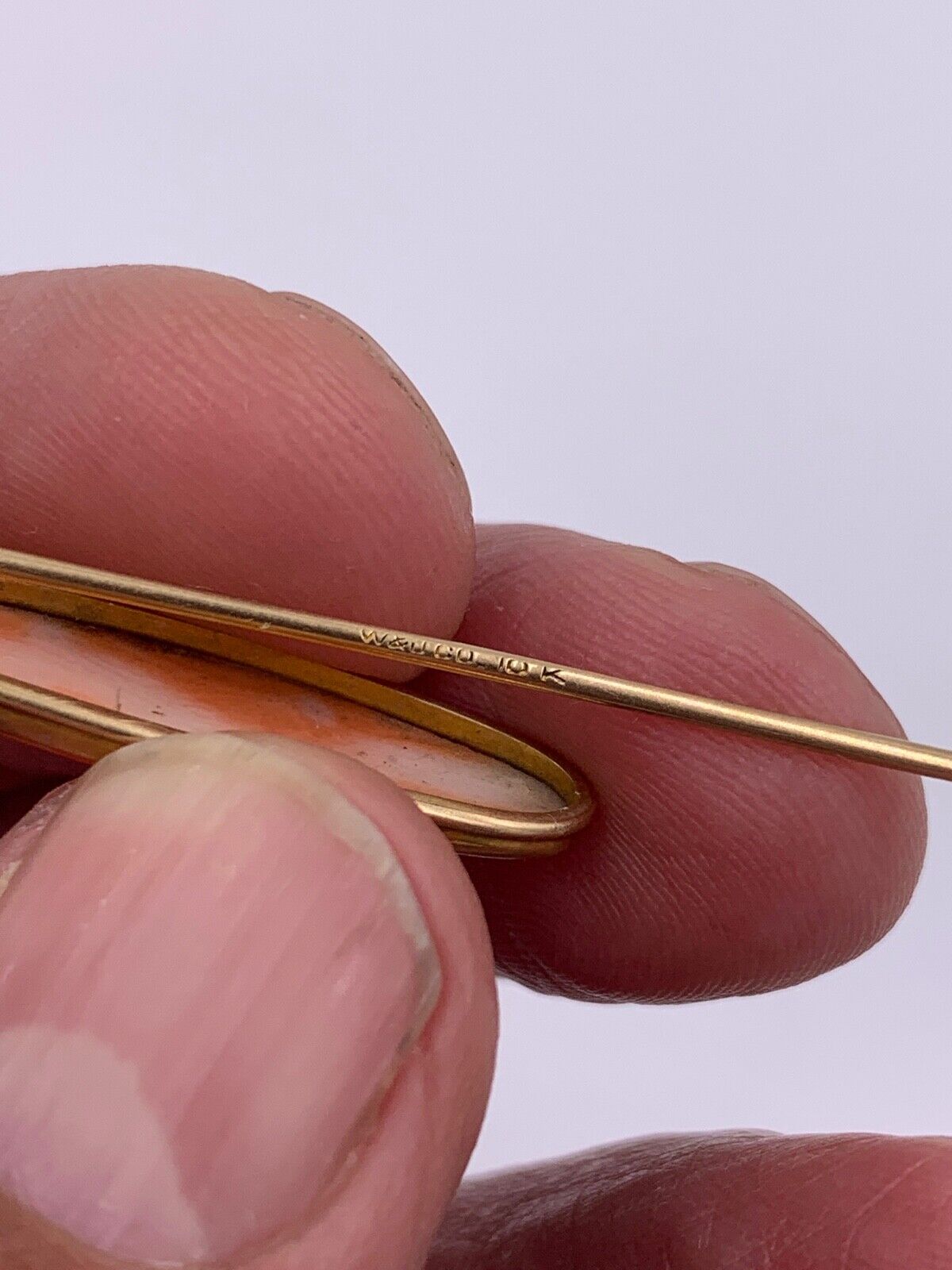 Antique 10K Yellow Gold Salmon Coral Lapel Pin stick hat pin Signed