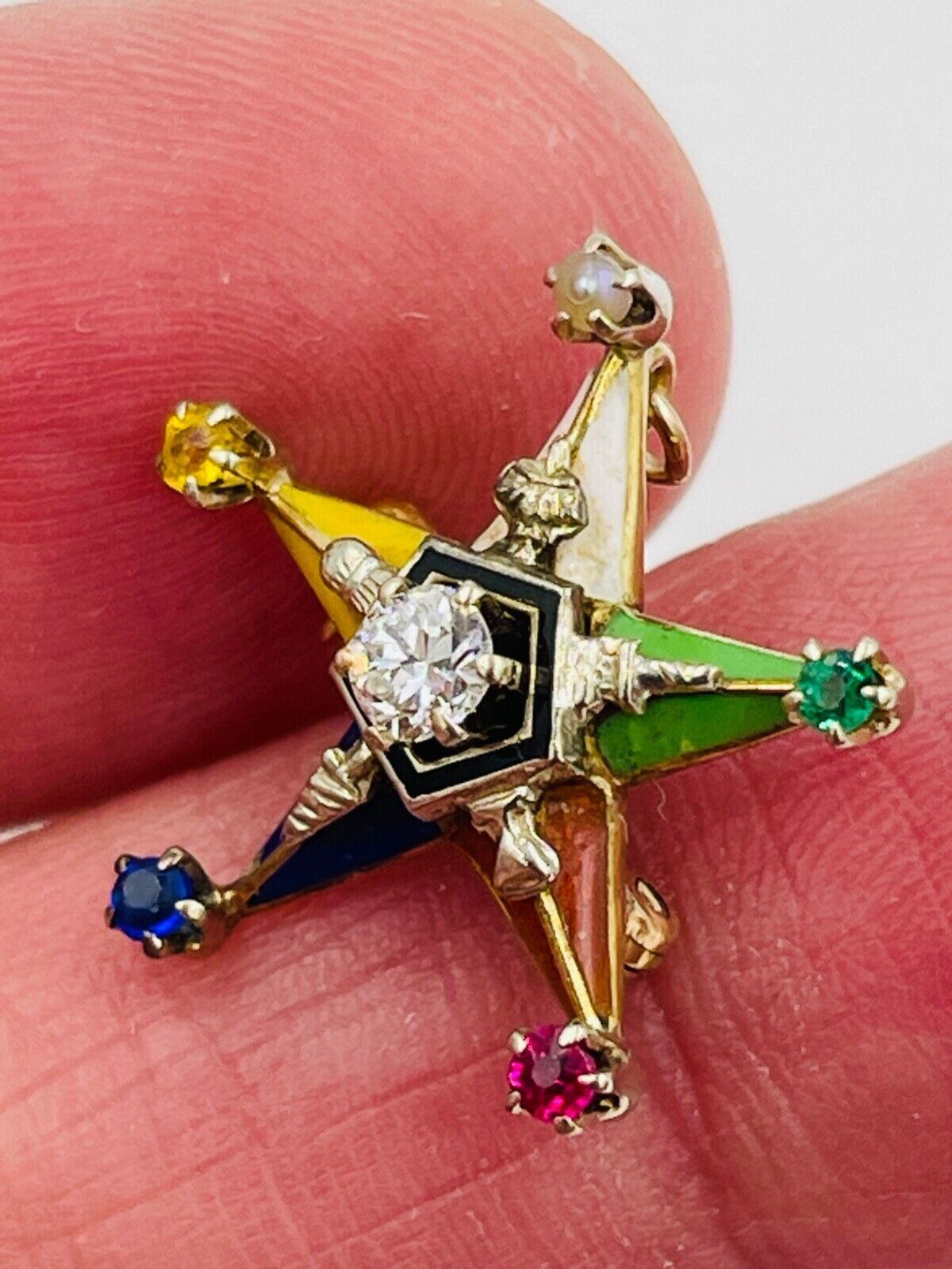 14k gold Masonic Eastern Star Enamel Diamond Pin Pendant combo