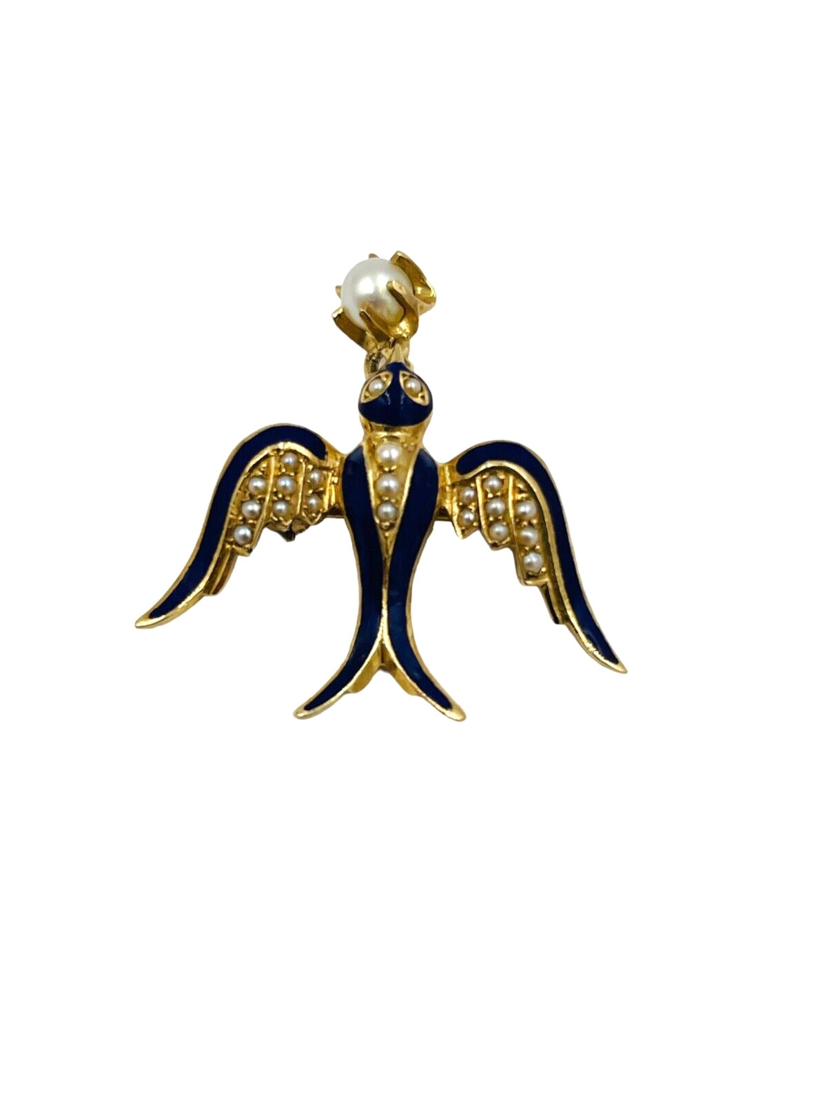 Exquisite Vintage 14K Gold enamel Flying Bird Brooch with Pearl Drop