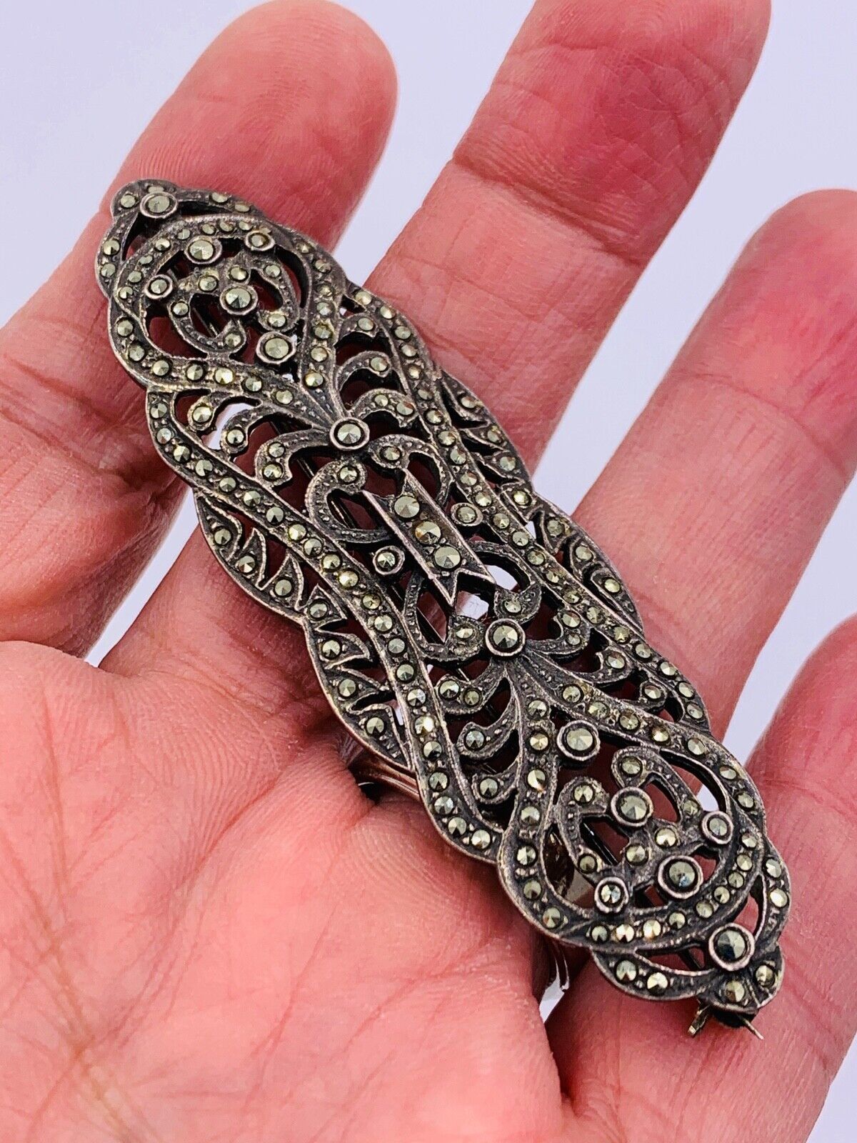 Vintage Art Deco Sterling Silver Marcasite Brooch Pin open work