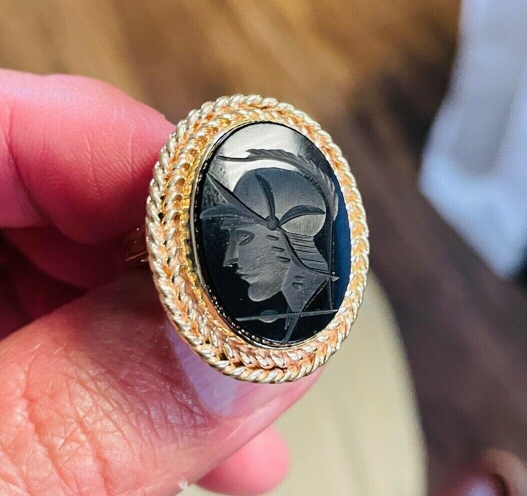 14k Gold Intaglio Ring Roman Soldier Black Onyx Sz 4.5 Vintage