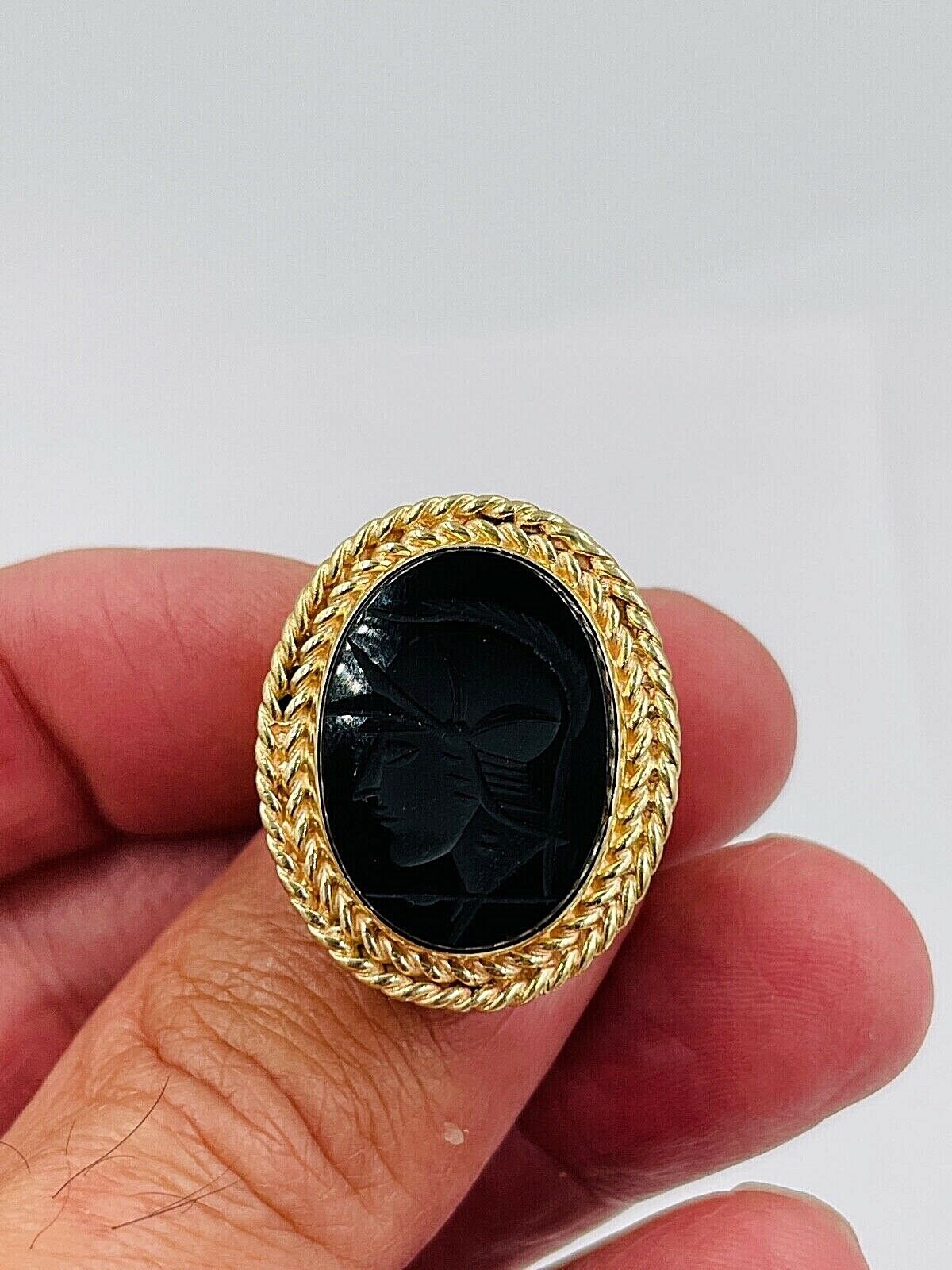 14k Gold Intaglio Ring Roman Soldier Black Onyx Sz 4.5 Vintage