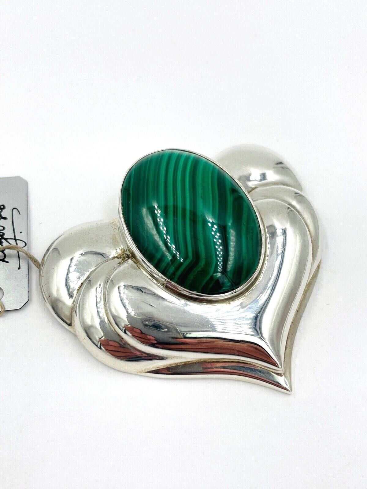 NOS Designer Rigoberto Sterling Silver Malachite Heart Brooch pin with tag