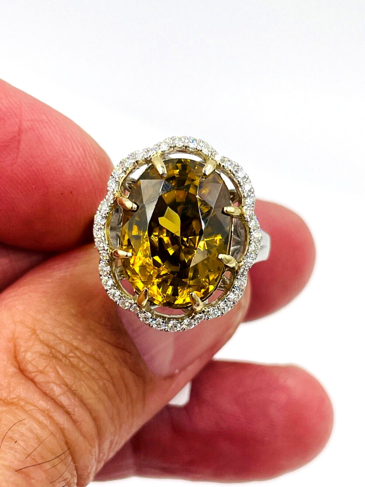 Stunning 12.4cts Natural Yellow Zircon diamond halo Cocktail ring White Gold
