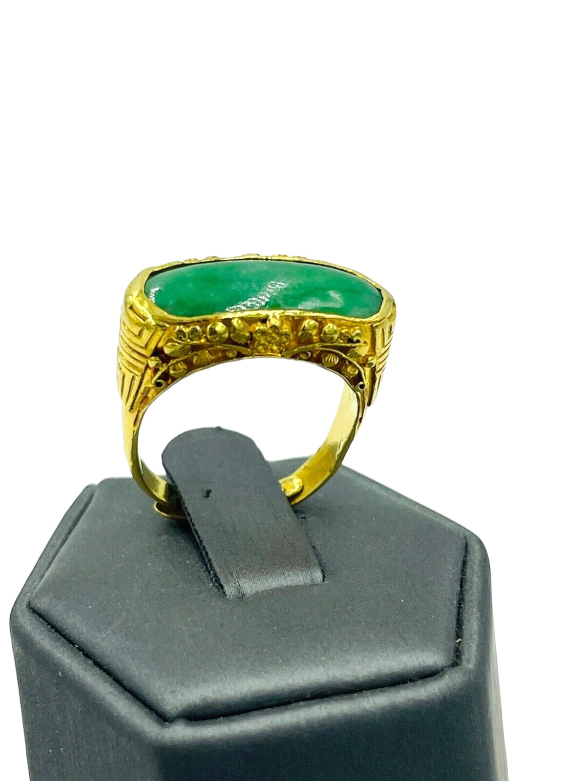 Men's Antique Yellow Gold Jade Solitaire Ring 22k Saddle East-West