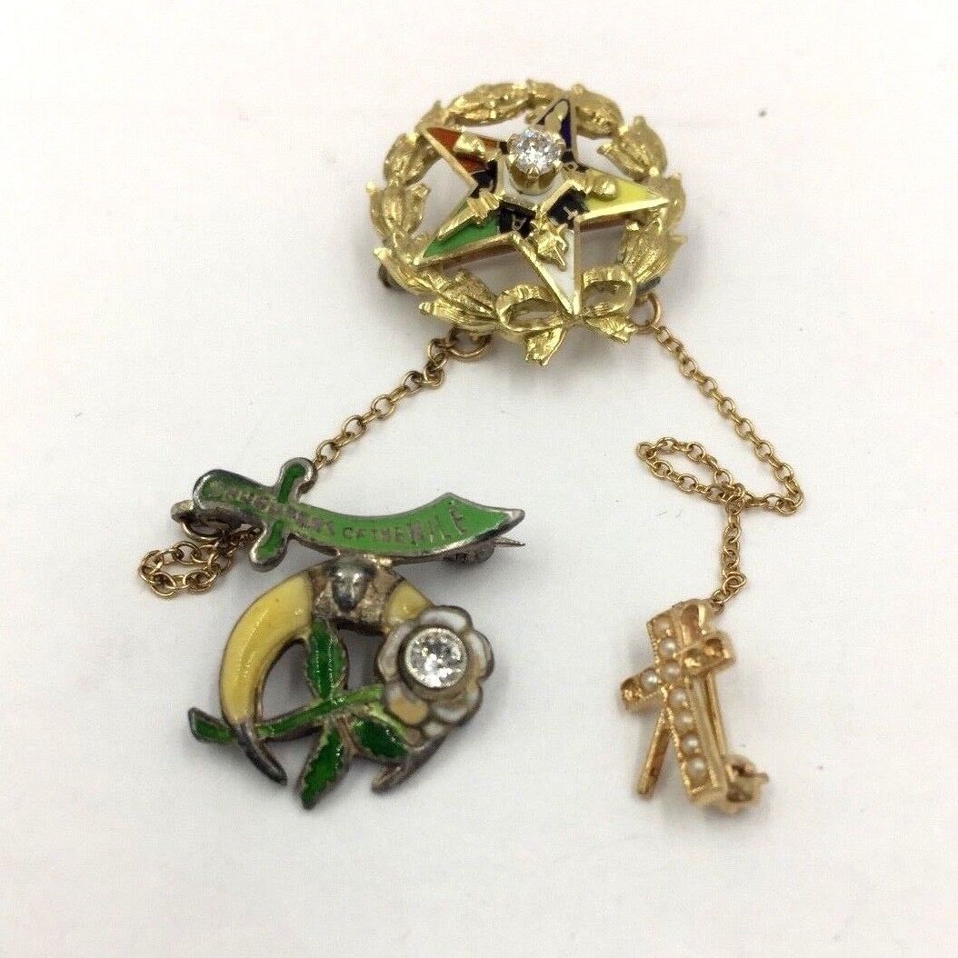 Vintage Masonic Eastern Star Enamel Diamond Pin in 14K Yellow Gold
