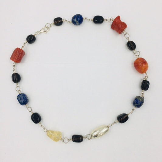 Multi Stone Sterling Silver Bead  Coral Lapis Citrine Quartz Necklace