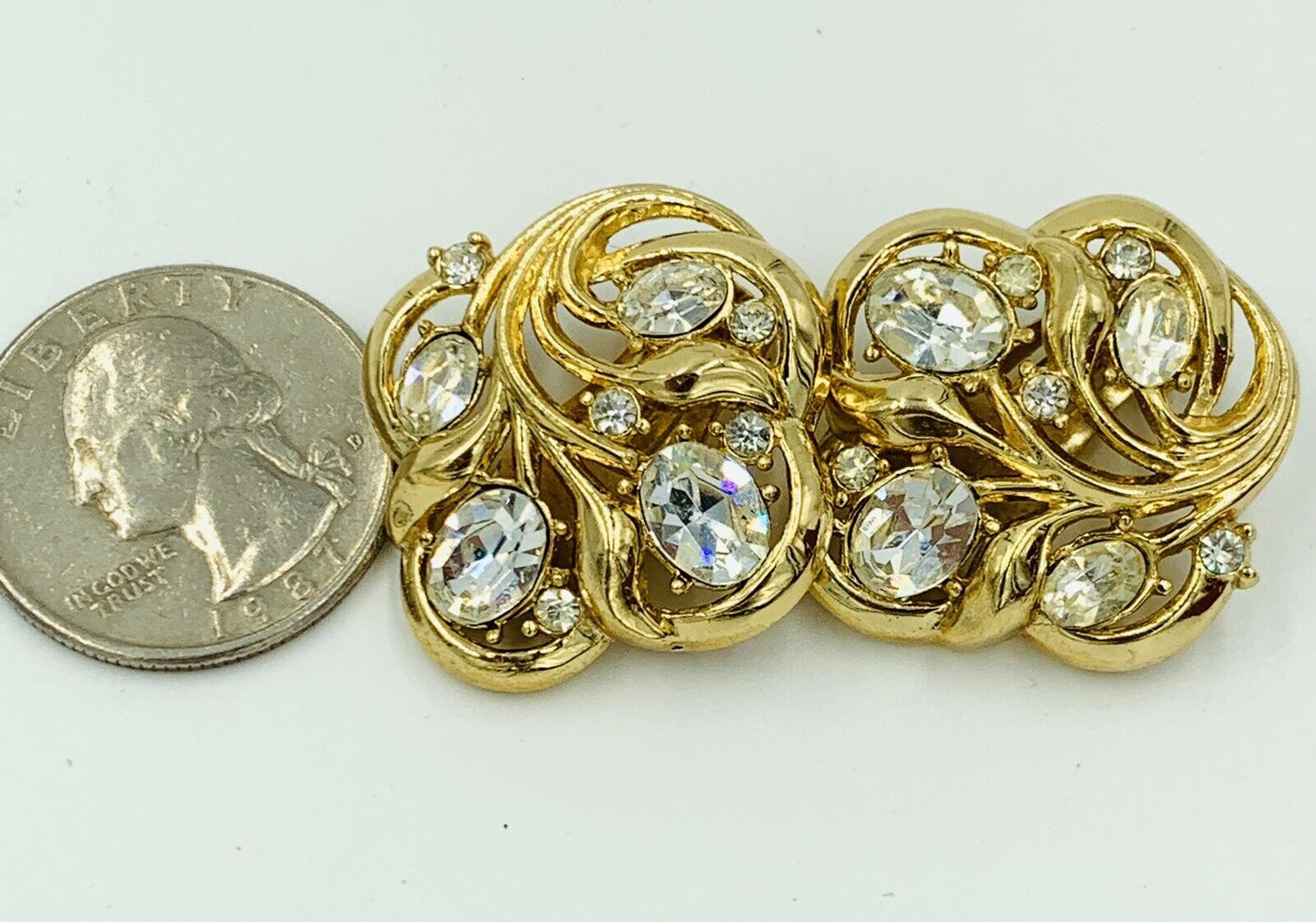 Crown Trifari Gold Toned Crystal Clip On Earrings