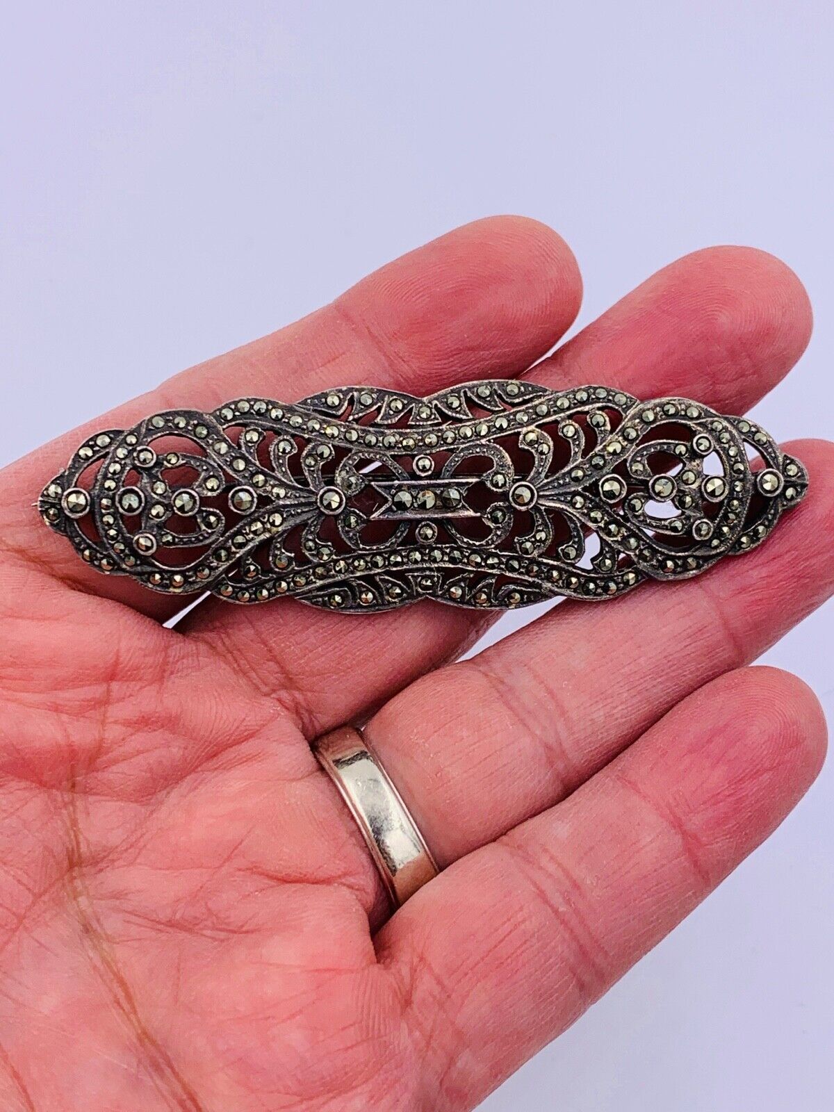 Vintage Art Deco Sterling Silver Marcasite Brooch Pin open work