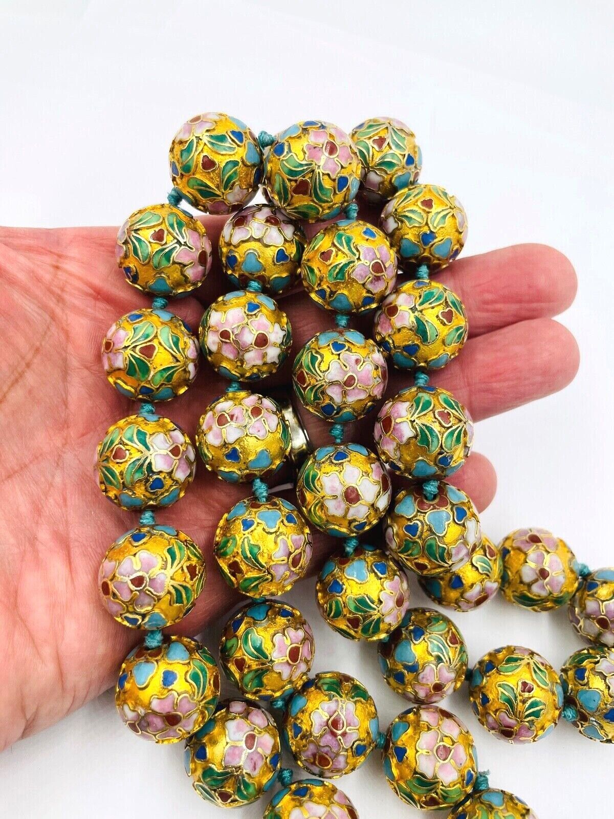 Antique Chinese Necklace - Cloisonne Enamel Gold beads - Lotus Flowers
