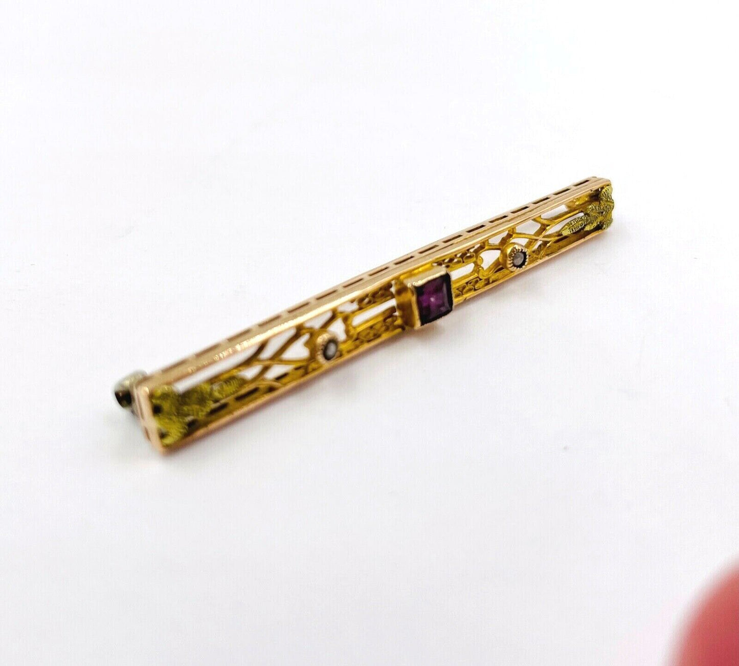 Art Nouveau 14k Yellow Gold Amethyst and pearl Brooch Pin Bar