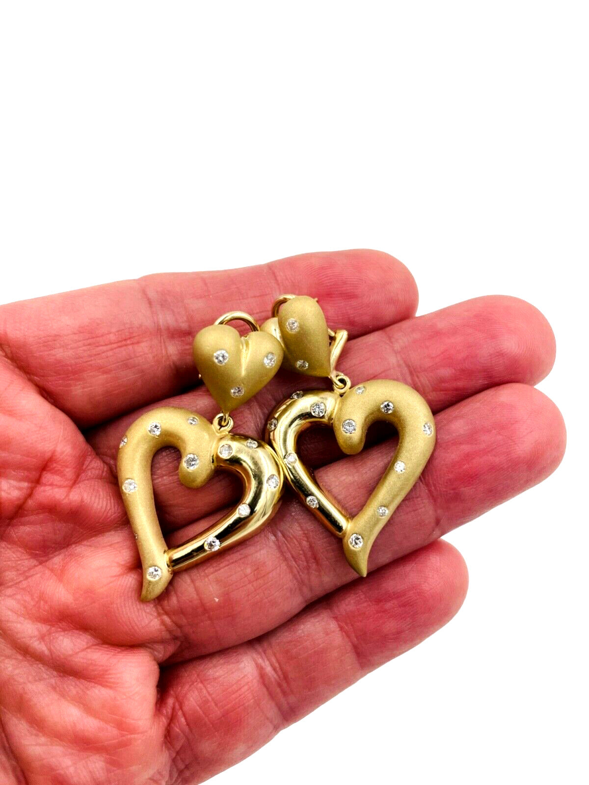 14k Yellow gold Heart Diamond Drop Dangle Earrings