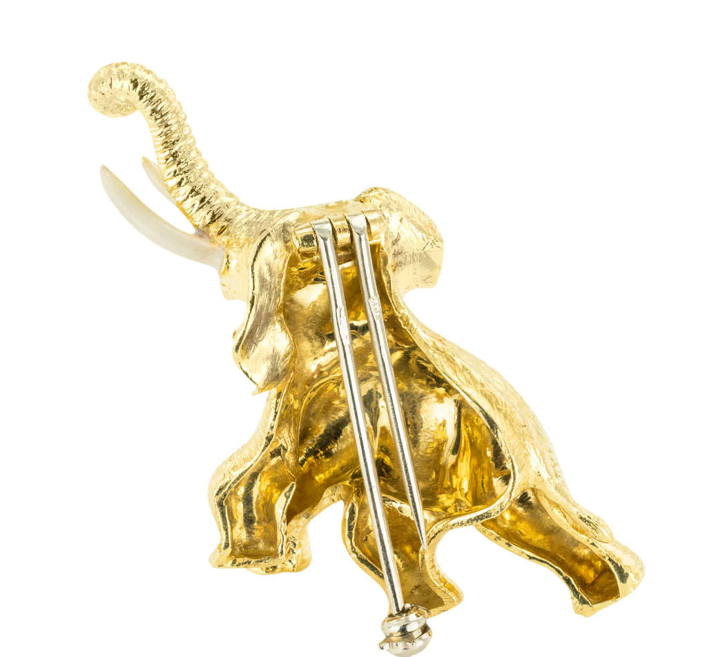 Ruby Enamel Yellow Gold Elephant Clip Brooch