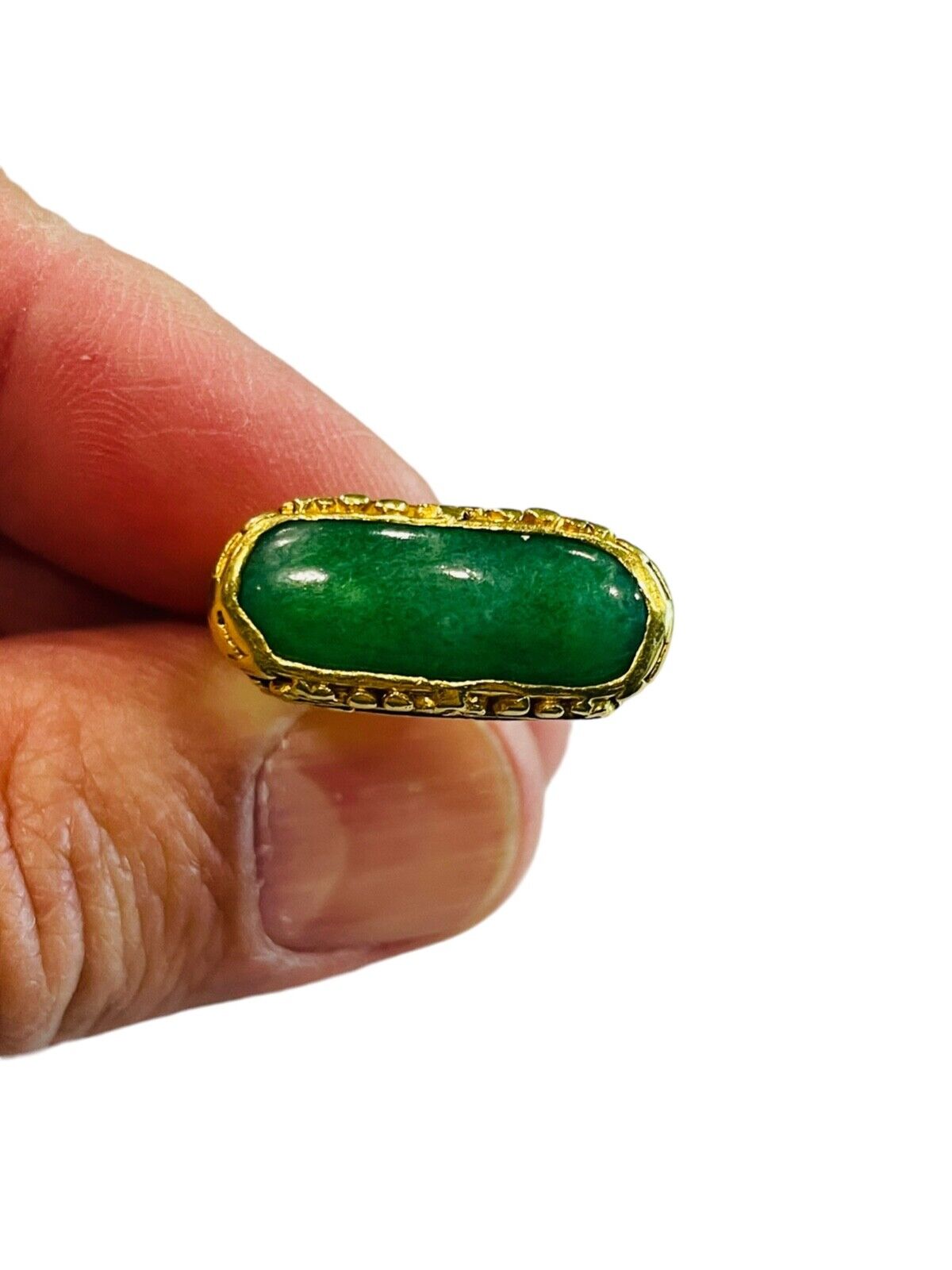 Men's Antique Yellow Gold Jade Solitaire Ring 22k Saddle East-West