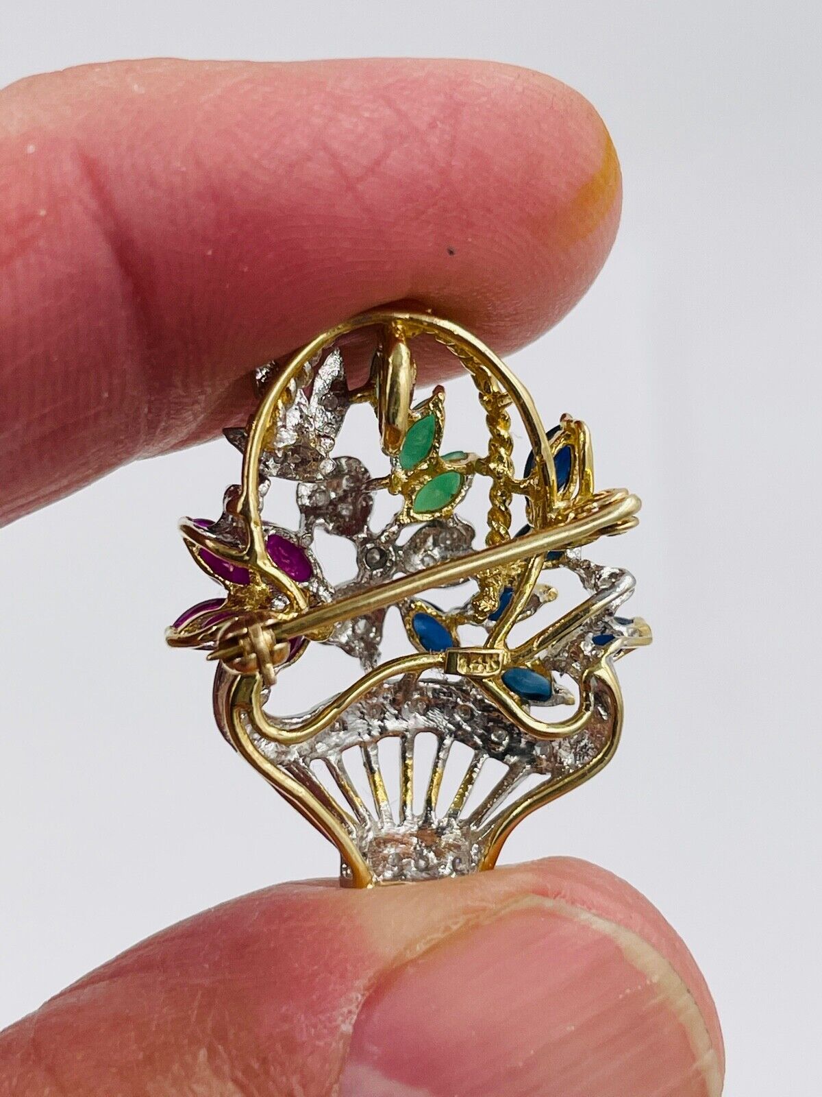 14K Yellow Gold Basket with Emerald, Sapphire and Diamond Brooch Pendant combo